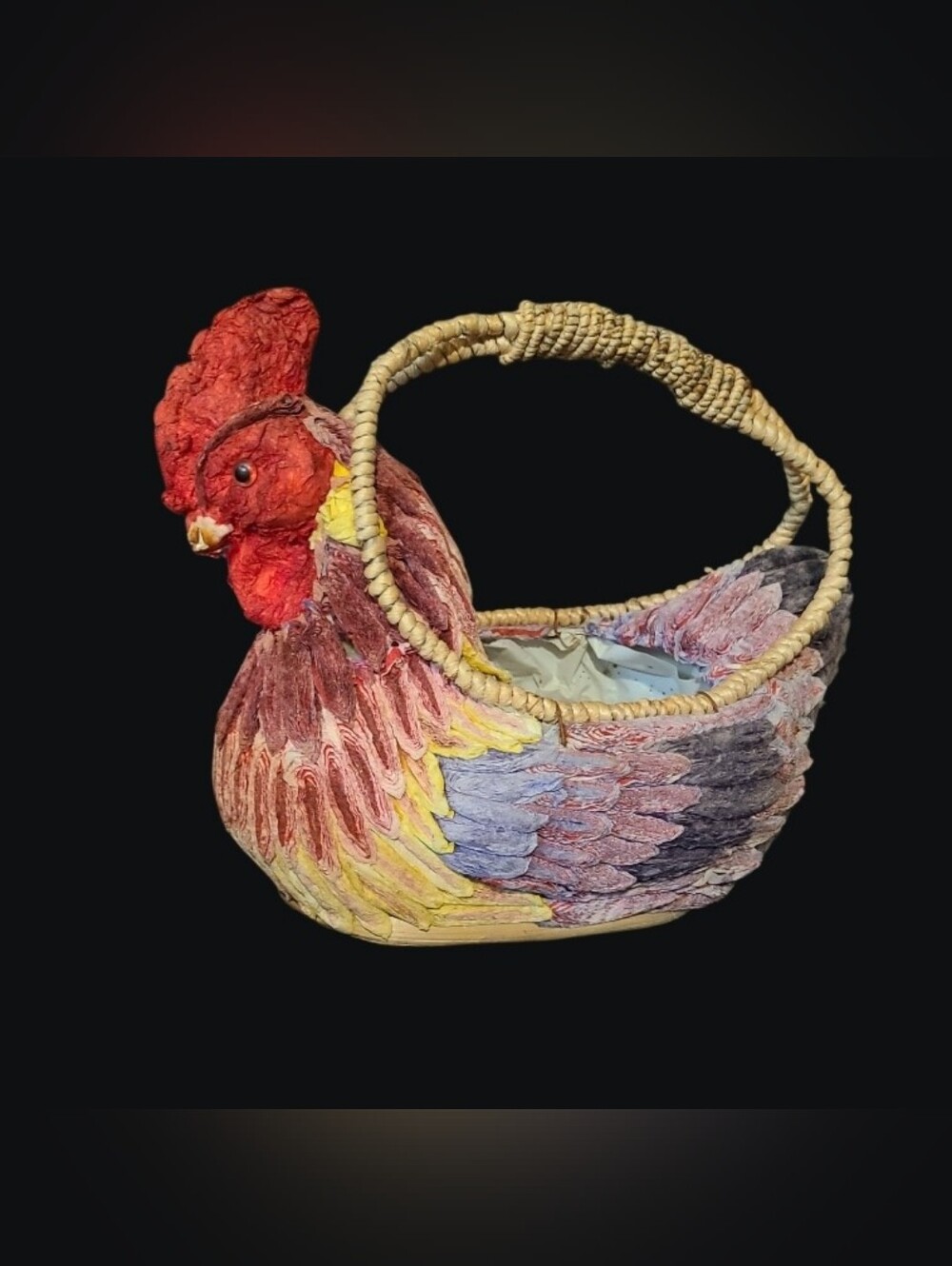Vintage Folk Art Paper Mache + Wicker Chicken Basket